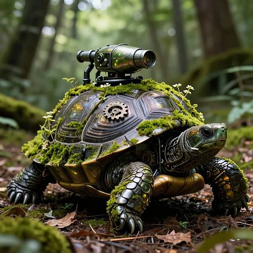 Photorealistic CGI of a moss-covered turtle with a small camera on its shell, set in a lush, forested environment.