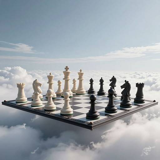 Floating chessboard with white and black pieces on a cloudy, sky-high background, bathed in sunlight. Ethereal, surreal scene.