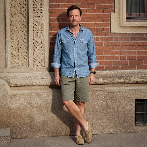 Photograph of a smiling, bearded man in blue denim shirt, olive-green shorts, and tan loafers, leaning against a brick and stone wall