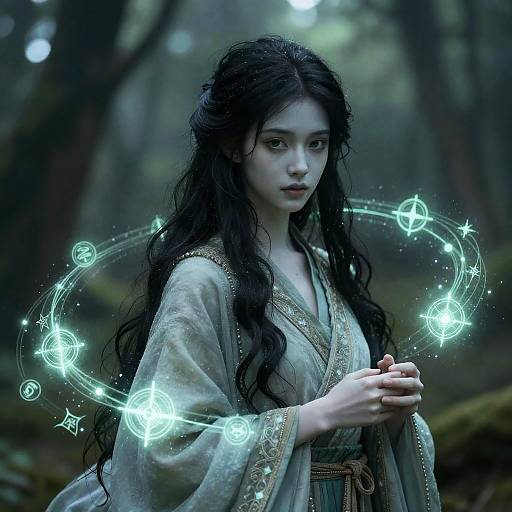 Photographic fantasy image of a pale-skinned, long-haired woman in a gray, ornate robe, holding glowing, circular magical symbols in a mist