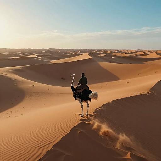 Photograph of a lone rider on a camel traversing a vast, sunlit desert with rolling sand dunes under a clear blue sky.