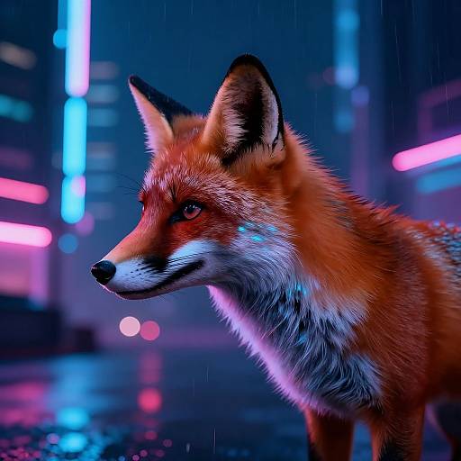 Digital art of a realistic red fox with glowing blue spots, standing in a neon-lit, rainy cityscape at night.
