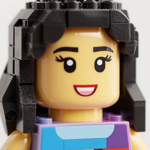 Photograph of a Lego minifigure with tan skin, black hair, black eyebrows, large black eyes, and red lips, wearing a purple top