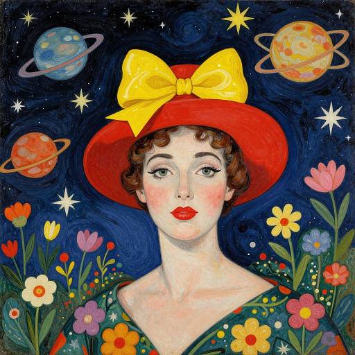 Vintage-style painting of a fair-skinned woman with red hat, yellow bow, red lips, surrounded by colorful flowers and planets in a dark blue night