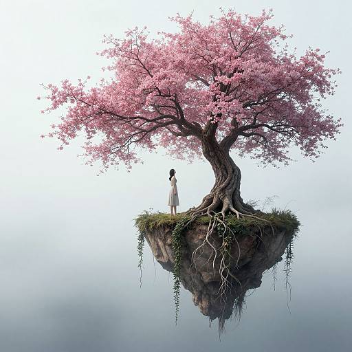 Digital art: A woman in a white dress stands beneath a pink cherry blossom tree on a floating island, surrounded by misty water.