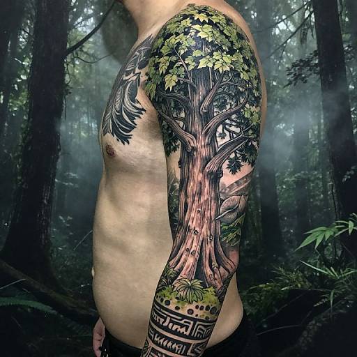 Photograph of a shirtless man with a detailed, colorful tree tattoo sleeve covering his right arm, standing in a misty forest.