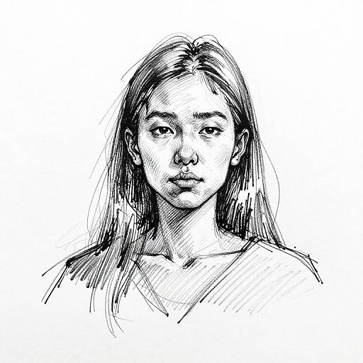 Black and white ink sketch of a young woman with long straight hair, neutral expression, and simple top, centered against a white background.