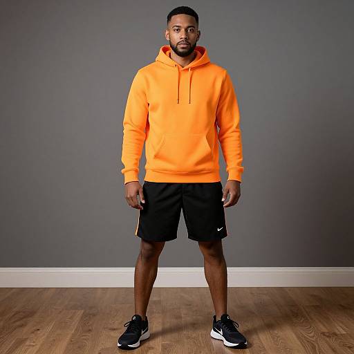 Photograph of a Black man with short hair, beard, wearing an orange hoodie, black shorts, and black sneakers, standing on wooden floor against a