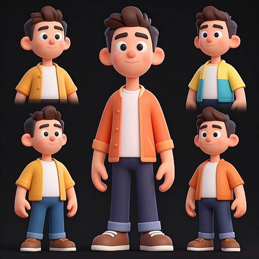 Digital cartoon of a cute, young, light-skinned boy with dark hair in five poses, wearing orange and yellow shirts, blue jeans, and brown