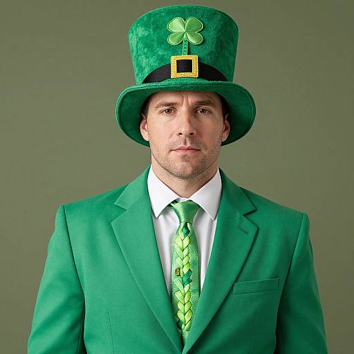 Photograph of a man in a green suit, matching green tie, and tall green top hat with a gold buckle and clover. Green background.