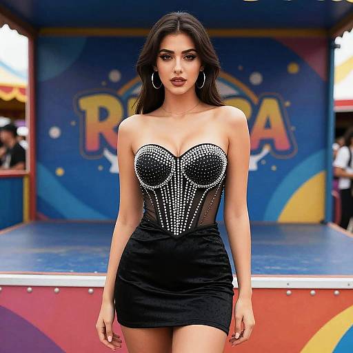 Photograph of a brunette woman with long hair, wearing a strapless black mini dress with a glittery, heart-shaped bodice, standing confidently on