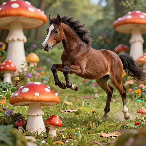 Photorealistic image of a brown horse with a white stripe, mid-leap in a vibrant, whimsical forest filled with red and white spotted mushrooms