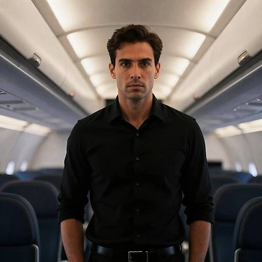 Serious Man in Dimly Lit Airplane Cabin