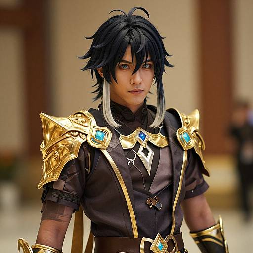 Photorealistic CGI of a young man with black, spiky hair, wearing gold and black fantasy armor with blue gems, standing in a blurred,