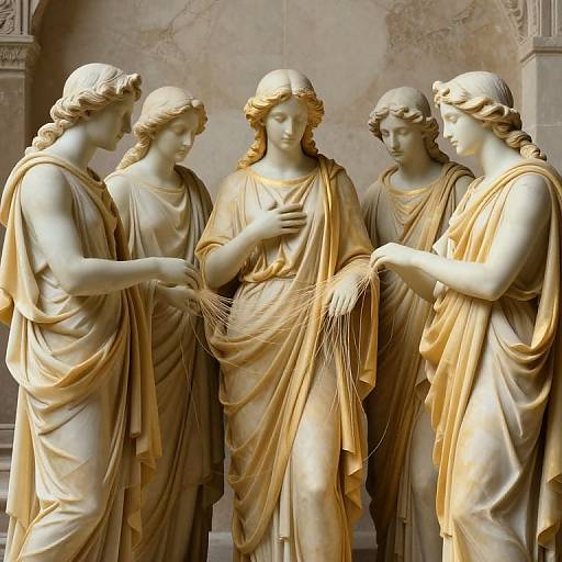 Photograph of a classical marble statue depicting five Greco-Roman women in flowing robes, with intricate hair, gathered around a central figure holding a garment