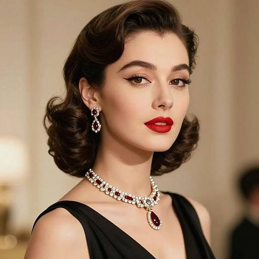 Photograph of a fair-skinned woman with vintage-style brown wavy hair, wearing red lipstick, black dress, and sparkling red gemstone jewelry,