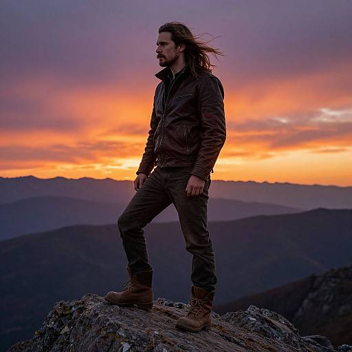 Man on Mountain Peak at Sunset