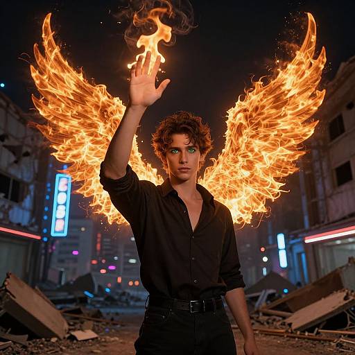 Photorealistic CGI of a curly-haired man with fiery wings, black shirt, and raised hand, standing in a dark, neon-lit, ruined