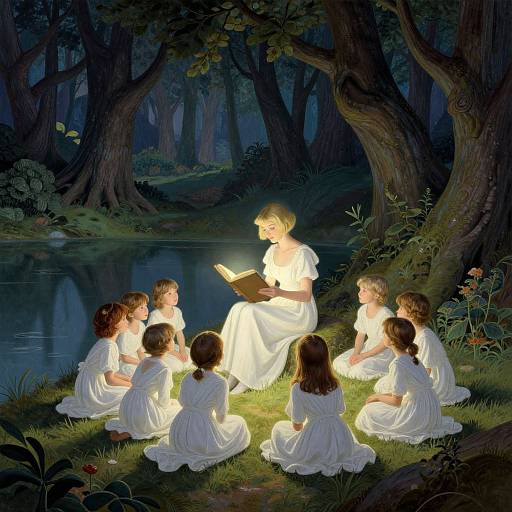 Illustration of a glowing woman in white reading to seven children in white dresses by a moonlit forest pond.
