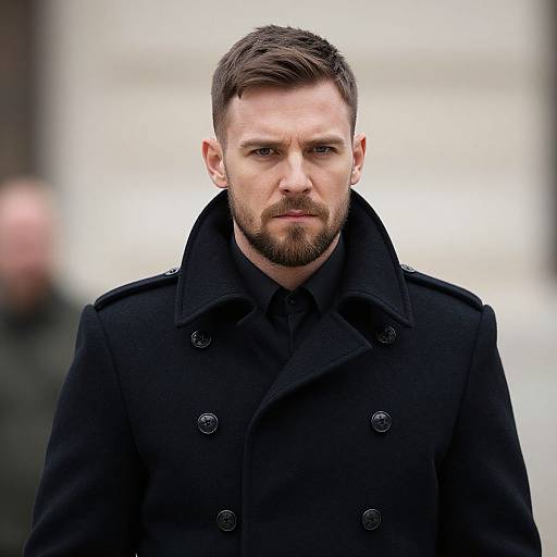 Photograph of a serious, bearded white man with short brown hair wearing a black double-breasted coat, standing against a blurred white and gray background