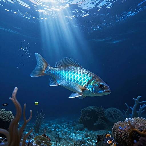 Photograph of a vibrant blue and green fish with glowing scales swimming underwater, surrounded by corals and light rays filtering down.