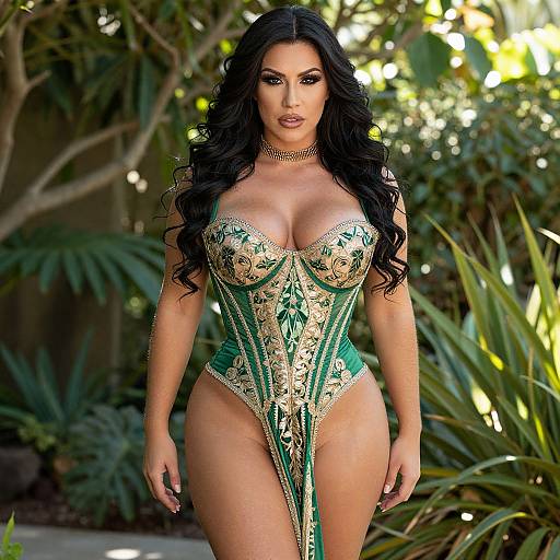 Photograph of a curvy woman with long black hair, wearing an intricate green and gold corset, standing in a lush garden.
