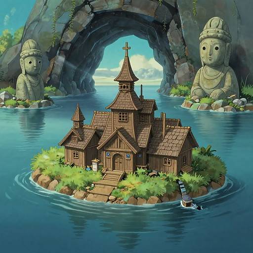 Digital art: Wooden church on a grassy island surrounded by calm blue water, flanked by giant stone Buddha statues under a rocky archway. Boat