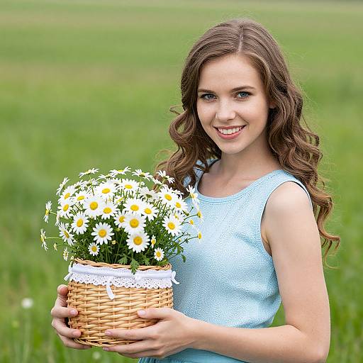 Young Woman Holding Daisy Basket Outdoors