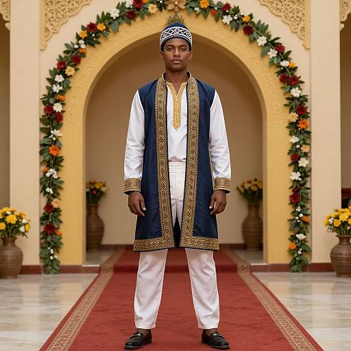 Photograph of a young Black man standing in ornate, archway-adorned hallway, wearing white traditional attire, blue vest, and white and