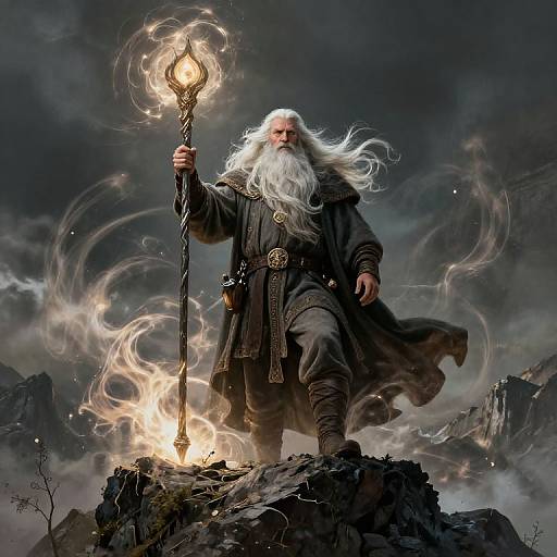 Magical white-bearded wizard in dark cloak holds glowing staff, standing on rocky mountain peak with swirling smoke and dark clouds.