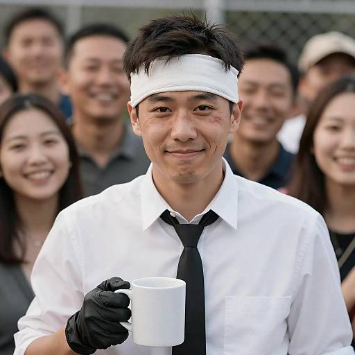 Man in White Shirt with Bandage Smiling
