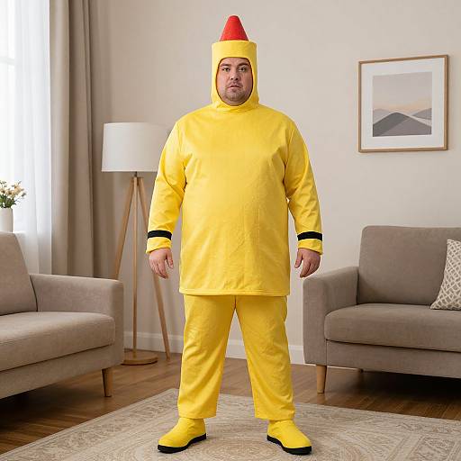 Photograph of a man in a yellow raincoat and matching pants with a red cone hat, standing in a modern living room with gray armchairs