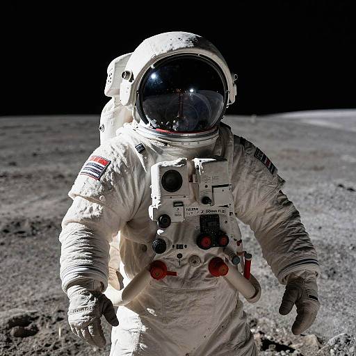 Photograph of an astronaut in a white spacesuit with reflective helmet, standing on a gray, rocky lunar surface under a black sky.