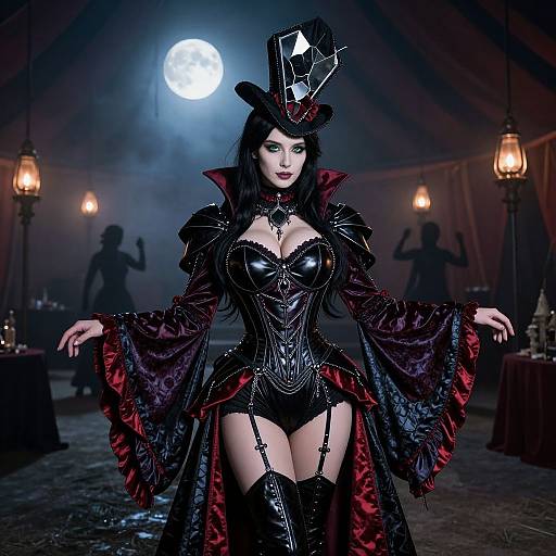 Photograph-style digital art of a gothic vampire woman with pale skin, black corset, red-and-black velvet cape, thigh-high boots, and
