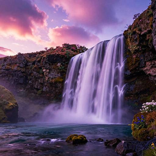 Photograph of a vibrant waterfall cascading down rocky cliffs, surrounded by mist, lush greenery, and a colorful sunset sky with pink and purple clouds