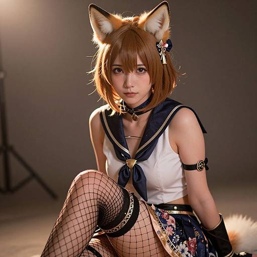 Digital art of an anime-style girl with fox ears, brown bob hair, sailor top, fishnet stockings, floral skirt, and arm band, sitting