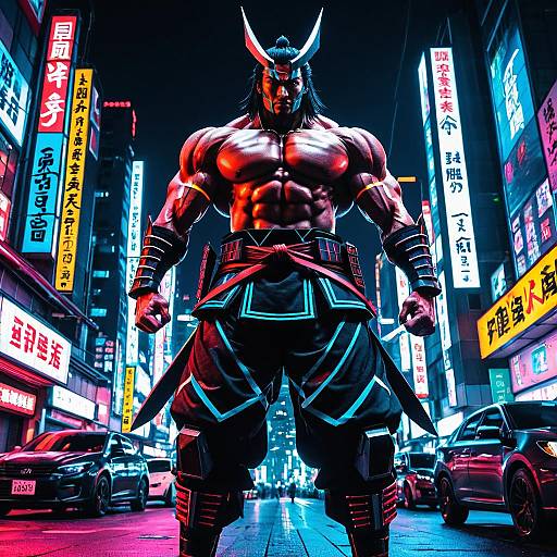 Muscular Samurai in Neon Cyberpunk City