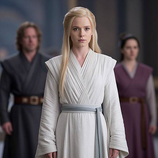 Photograph of a blonde woman in a white Jedi robe on a dimly lit stage, with two blurred figures in background.