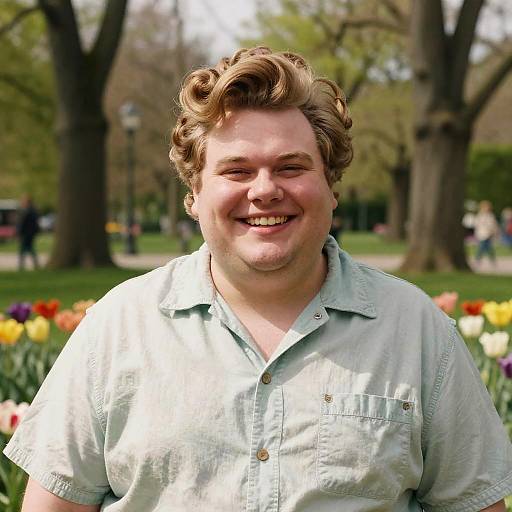 Photograph of a smiling, overweight man with curly brown hair, wearing a light blue button-up shirt, standing in a park with colorful tulips and