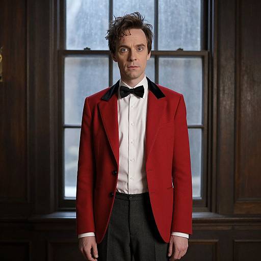 Photograph of a handsome man with dark, tousled hair, wearing a red velvet tuxedo, black bowtie, white shirt, and black