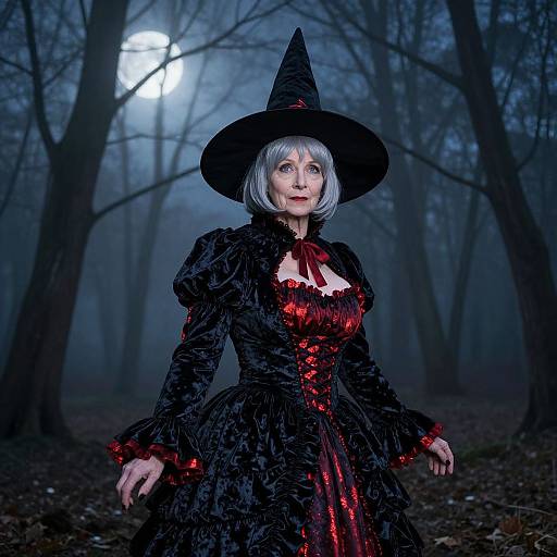 Dramatic Witch Costume in Moonlit Forest
