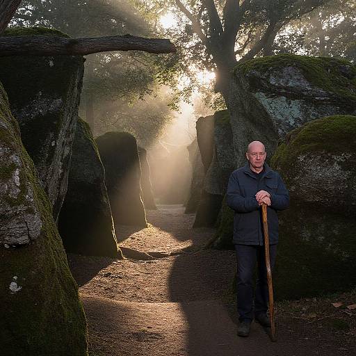 Photograph of an elderly bald man in a dark jacket and pants, holding a wooden cane, walking through a sunlit forest path flanked by large