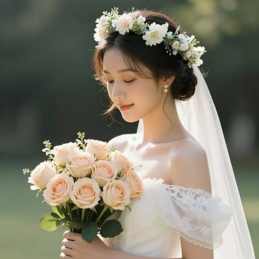 Photograph of a beautiful Asian bride with fair skin, dark hair in an updo, white lace off-shoulder dress, floral crown, veil