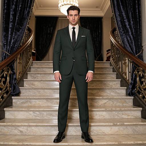 Photograph of a handsome, dark-haired man in a black suit with a white shirt and black tie, standing confidently on marble stairs with dark blue curtains