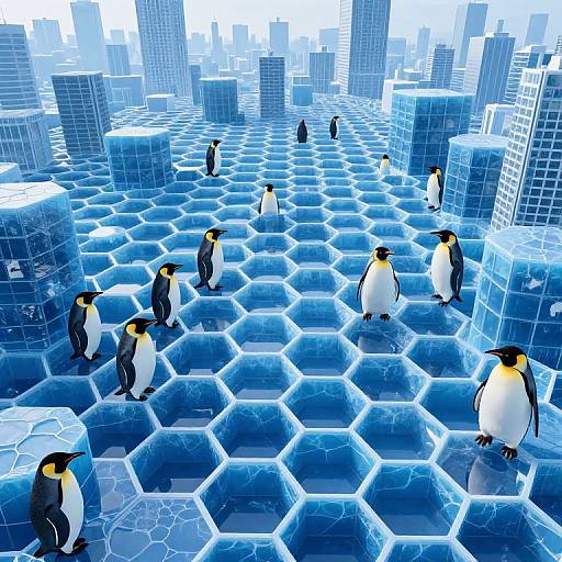 Digital artwork of penguins standing on a blue, hexagonal ice platform cityscape with tall, glassy skyscrapers in the background.