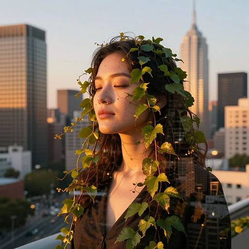 Photograph of an Asian woman with closed eyes, wearing a black top, adorned with green grapevine leaves, set against a cityscape at sunset.