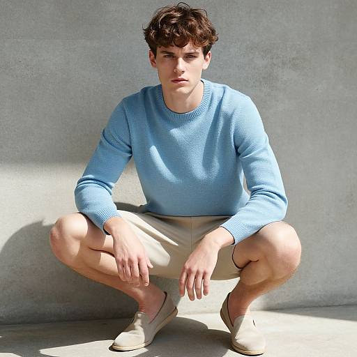 Photograph of a young man with short brown hair, squatting against a gray concrete wall. He wears a light blue sweater, beige shorts, and