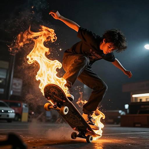 Skateboarder Performing Trick with Flaming Skateboard