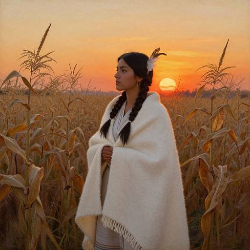 Photograph of a Native American woman with braided hair, wearing a white woolen shawl, standing in a golden cornfield at sunset, with