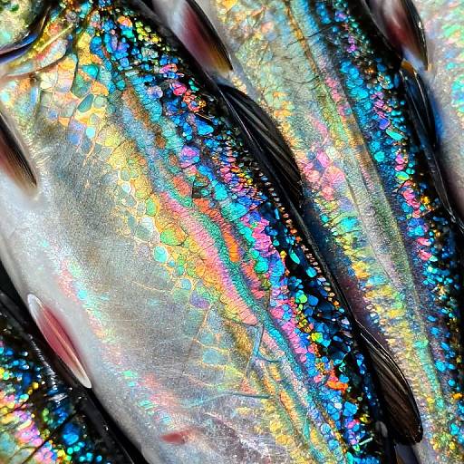 Close-up photograph of iridescent feathers, showcasing a vibrant blend of blue, yellow, pink, and green colors with a glossy, shimmering texture